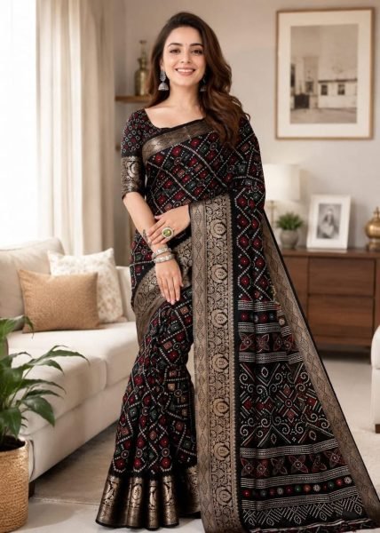 Ingenious Black Premium Soft Cotton Saree with Jacquard Kanjivaram Style Border Work Printed Cotton Sarees Wholesale