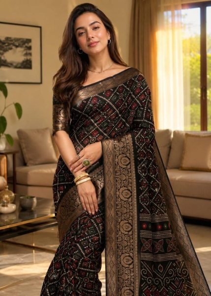 Ingenious Black Premium Soft Cotton Saree with Jacquard Kanjivaram Style Border Work Printed Cotton Sarees Wholesale
