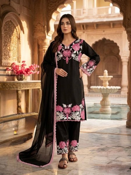 Ingenious Black Roman Glass Farshi Plazzo Set with Embroidery Work for Festive Wear 