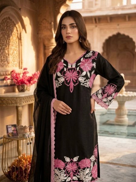 Ingenious Black Roman Glass Farshi Plazzo Set with Embroidery Work for Festive Wear Ready To Wear Collection