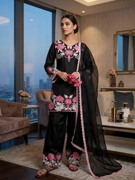 Ingenious Black Roman Glass Farshi Plazzo Set with Embroidery Work for Festive Wear Ready To Wear Collection