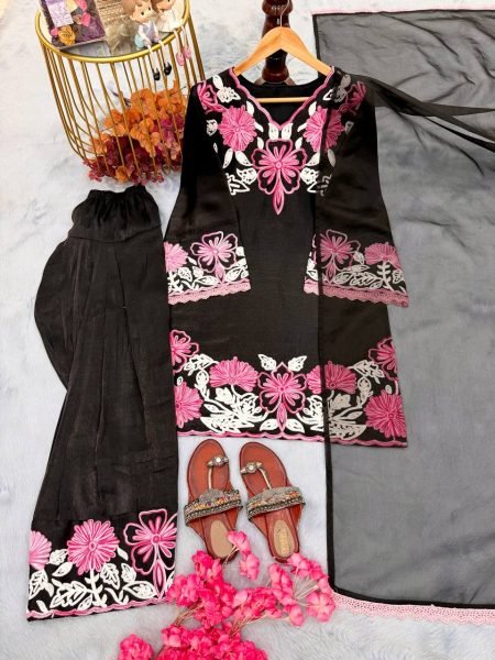 Ingenious Black Roman Glass Farshi Plazzo Set with Embroidery Work for Festive Wear Ready To Wear Collection