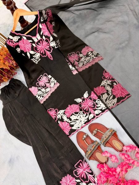 Ingenious Black Roman Glass Farshi Plazzo Set with Embroidery Work for Festive Wear Ready To Wear Collection