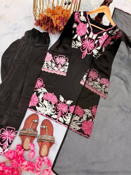 Ingenious Black Roman Glass Farshi Plazzo Set with Embroidery Work for Festive Wear Ready To Wear Collection