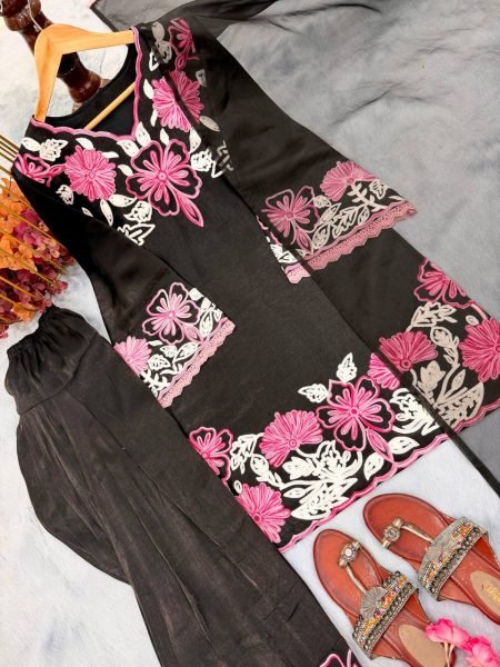 Ingenious Black Roman Glass Farshi Plazzo Set with Embroidery Work for Festive Wear Ready To Wear Collection