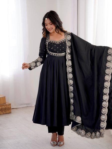 Ingenious Black Roman Silk Gown with Embroidery Sequence Work For Festival Collection Ready To Wear Suit