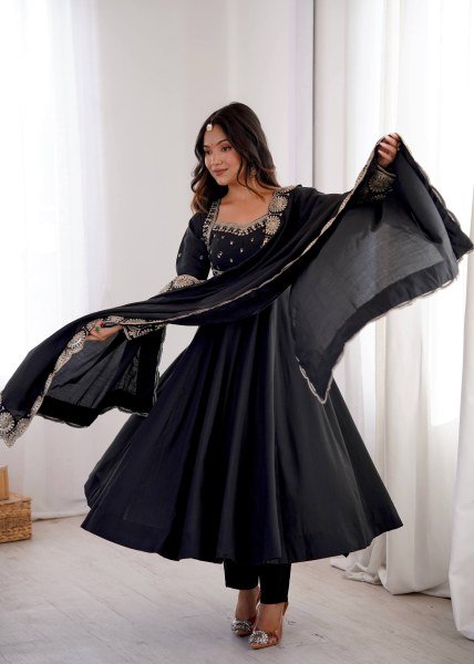 Ingenious Black Roman Silk Gown with Embroidery Sequence Work For Festival Collection Ready To Wear Collection