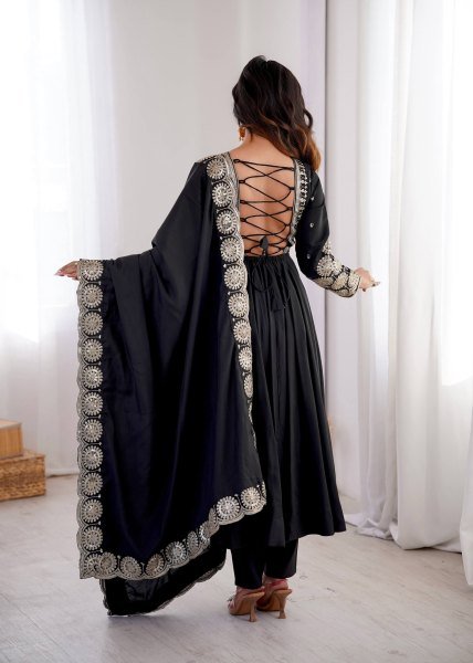 Ingenious Black Roman Silk Gown with Embroidery Sequence Work For Festival Collection Ready To Wear Collection