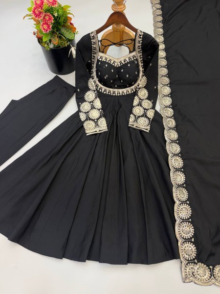 Ingenious Black Roman Silk Gown with Embroidery Sequence Work For Festival Collection Ready To Wear Collection