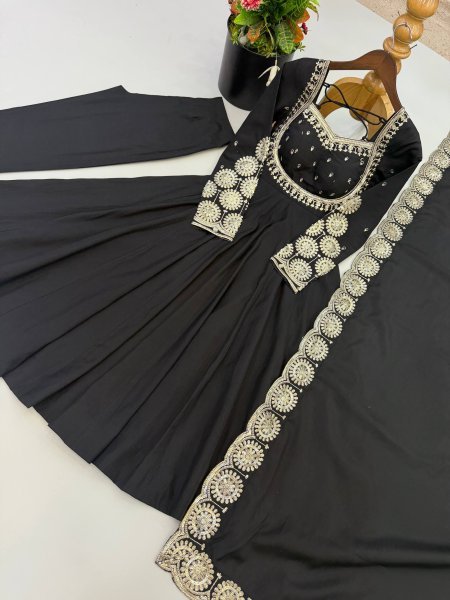 Ingenious Black Roman Silk Gown with Embroidery Sequence Work For Festival Collection Ready To Wear Collection