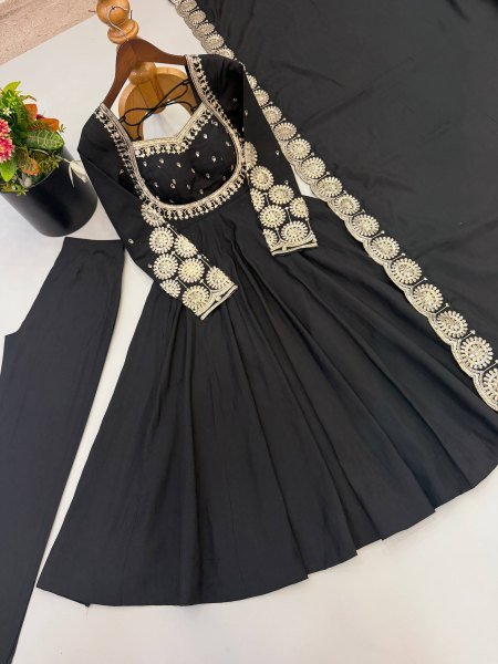 Ingenious Black Roman Silk Gown with Embroidery Sequence Work For Festival Collection Ready To Wear Collection