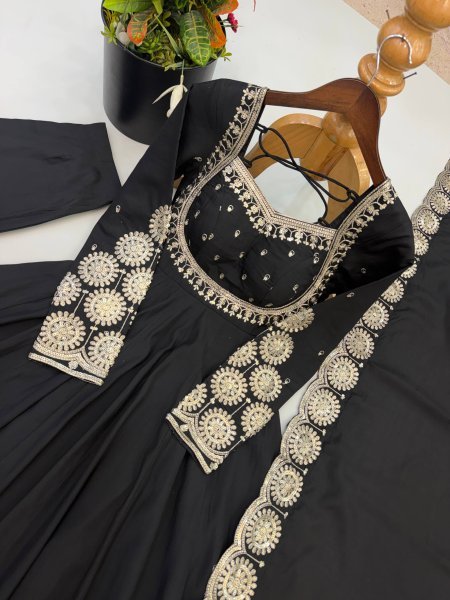 Ingenious Black Roman Silk Gown with Embroidery Sequence Work For Festival Collection Ready To Wear Collection
