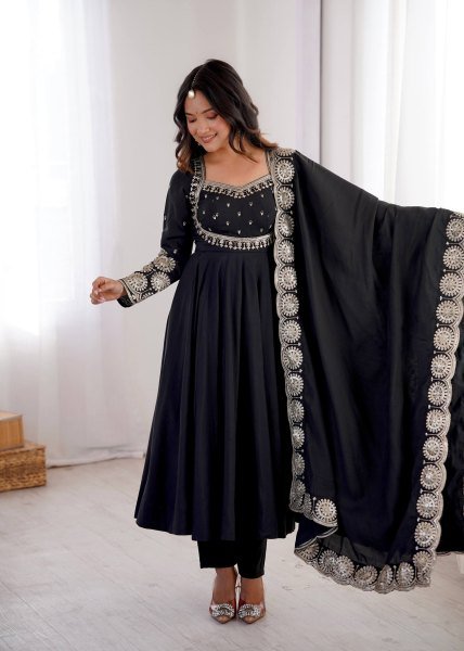 Ingenious Black Roman Silk Gown with Embroidery Sequence Work For Festival Collection Ready To Wear Collection