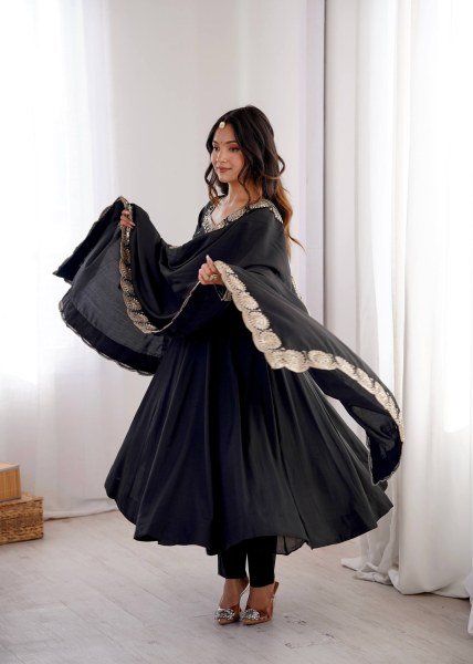 Ingenious Black Roman Silk Gown with Embroidery Sequence Work For Festival Collection Ready To Wear Collection