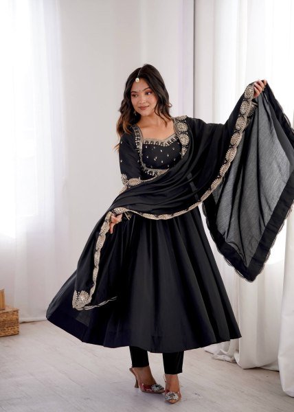 Ingenious Black Roman Silk Gown with Embroidery Sequence Work For Festival Collection Ready To Wear Collection