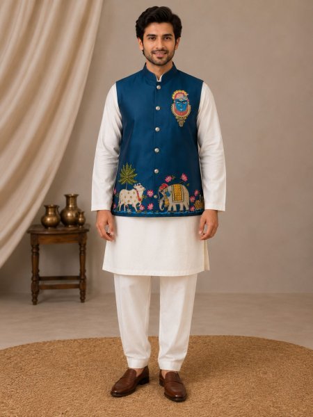 Ingenious Blue Malai Satin Koti Kurta Set with Polo Pant and Elegant Handwork for Men Mens Wear