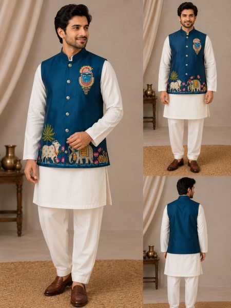 Ingenious Blue Malai Satin Koti Kurta Set with Polo Pant and Elegant Handwork for Men Kurta Pajama Wholesale