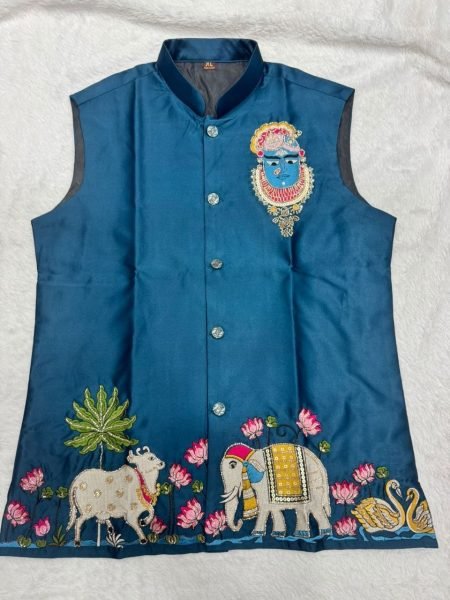 Ingenious Blue Malai Satin Koti Kurta Set with Polo Pant and Elegant Handwork for Men Kurta Pajama Wholesale