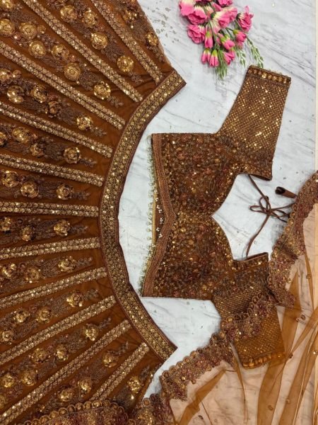 Ingenious Brown Butterfly Net Lehenga Choli with Heavy Glass Sequins Work at Wholesale Rate Designer Lehenga Choli