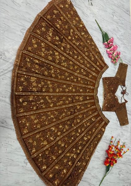 Ingenious Brown Butterfly Net Lehenga Choli with Heavy Glass Sequins Work at Wholesale Rate Designer Lehenga Choli