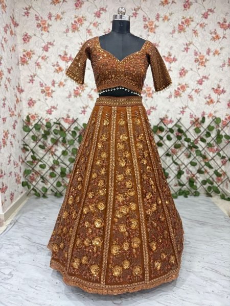 Ingenious Brown Butterfly Net Lehenga Choli with Heavy Glass Sequins Work at Wholesale Rate Designer Lehenga Choli
