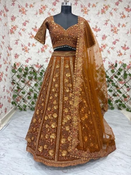 Ingenious Brown Butterfly Net Lehenga Choli with Heavy Glass Sequins Work at Wholesale Rate Designer Lehenga Choli