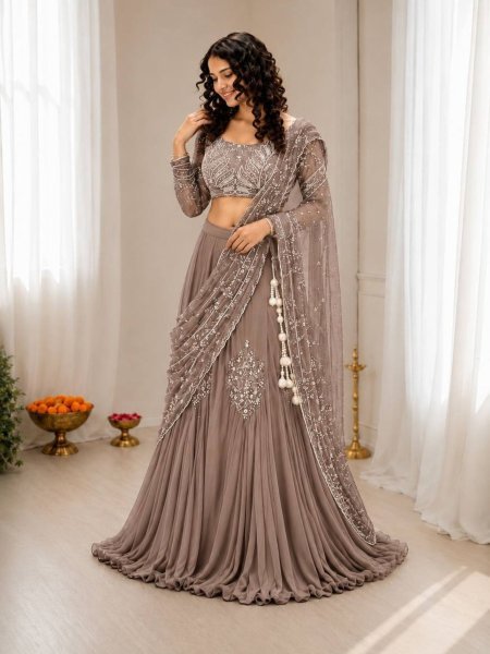 Ingenious Brown Chinon Silk Lehenga Style Saree with Attached Pallu for Party Wear 