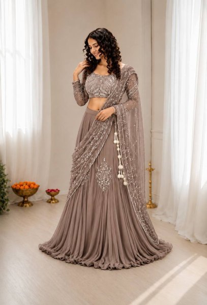 Ingenious Brown Chinon Silk Lehenga Style Saree with Attached Pallu for Party Wear Ready To Wear Saree 