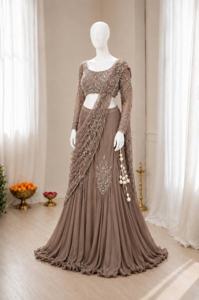 Ingenious Brown Chinon Silk Lehenga Style Saree with Attached Pallu for Party Wear Ready To Wear Saree 
