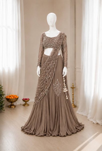 Ingenious Brown Chinon Silk Lehenga Style Saree with Attached Pallu for Party Wear Ready To Wear Saree 