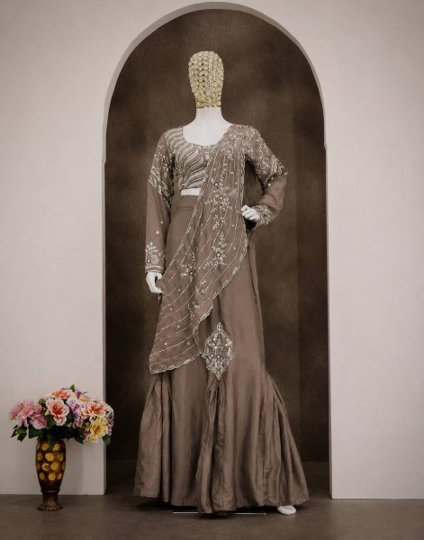 Ingenious Brown Chinon Silk Lehenga Style Saree with Attached Pallu for Party Wear Ready To Wear Saree 