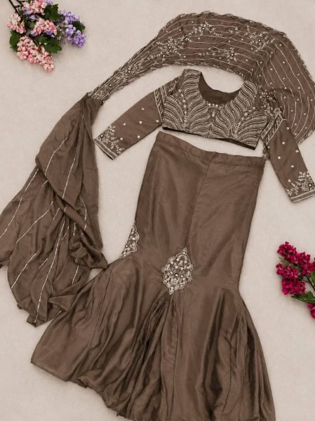 Ingenious Brown Chinon Silk Lehenga Style Saree with Attached Pallu for Party Wear Ready To Wear Saree 