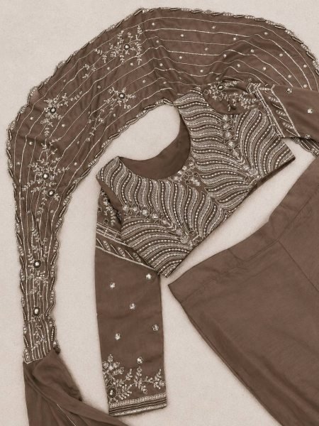 Ingenious Brown Chinon Silk Lehenga Style Saree with Attached Pallu for Party Wear Ready To Wear Saree 