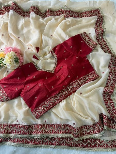 Ingenious Cream Designer Rangoli Silk Saree with Embroidered Contrast Blouse Silk Sarees Wholesale