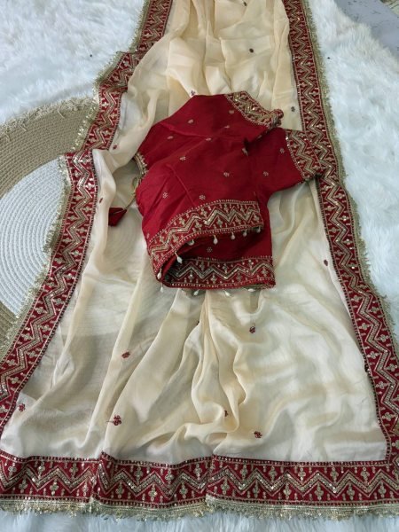 Ingenious Cream Designer Rangoli Silk Saree with Embroidered Contrast Blouse Silk Sarees Wholesale