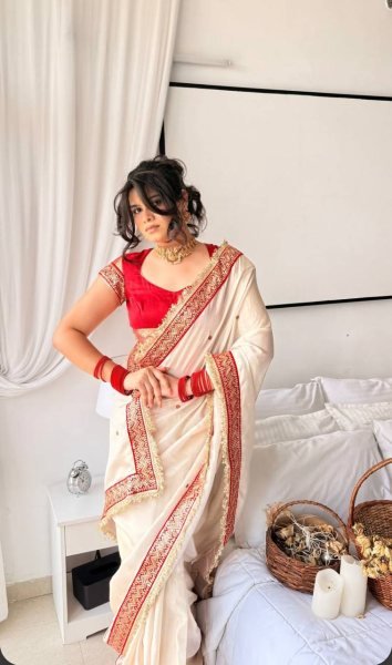 Ingenious Cream Designer Rangoli Silk Saree with Embroidered Contrast Blouse Silk Sarees Wholesale