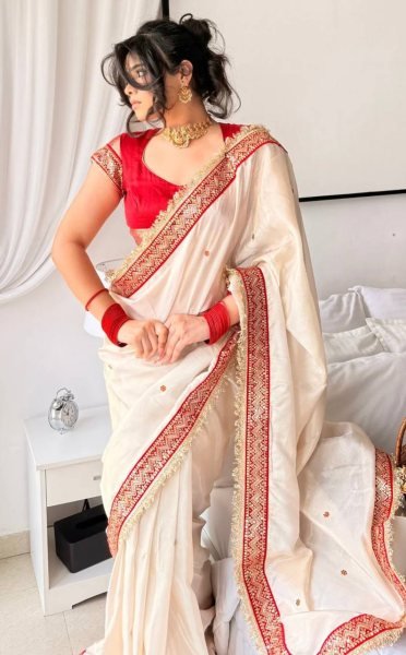 Ingenious Cream Designer Rangoli Silk Saree with Embroidered Contrast Blouse Silk Sarees Wholesale