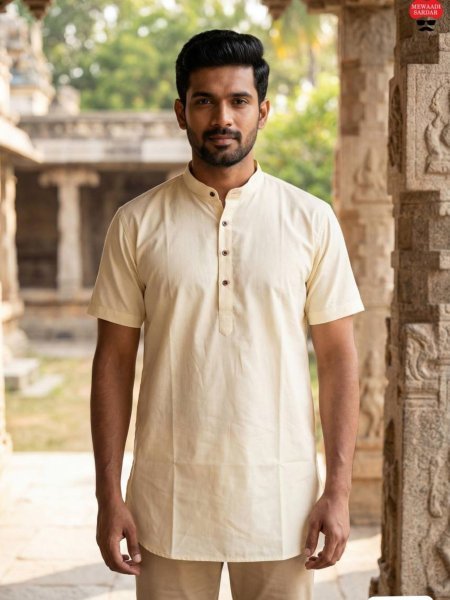 Ingenious Cream Latest Men Short Kurta Collection in Silk Fabric Mens Wear