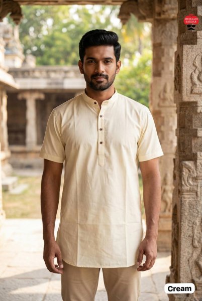 Ingenious Cream Latest Men Short Kurta Collection in Silk Fabric Mens Short Kurta