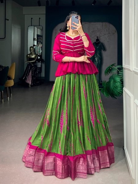 Ingenious Dola Silk Shibori Print Lehenga with Rich Zari Weaving Border For Navrati Collection  Lehenga