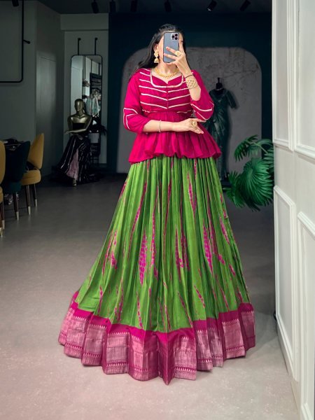 Ingenious Dola Silk Shibori Print Lehenga with Rich Zari Weaving Border For Navrati Collection Navratri Lehnega Choli
