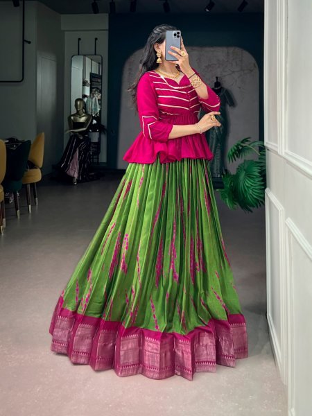 Ingenious Dola Silk Shibori Print Lehenga with Rich Zari Weaving Border For Navrati Collection Navratri Lehnega Choli