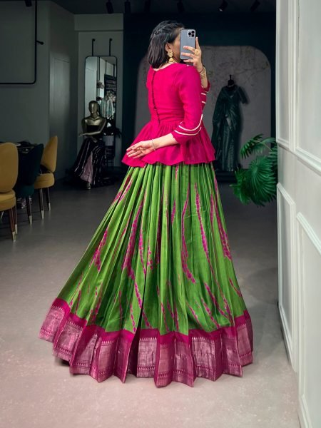 Ingenious Dola Silk Shibori Print Lehenga with Rich Zari Weaving Border For Navrati Collection Navratri Lehnega Choli