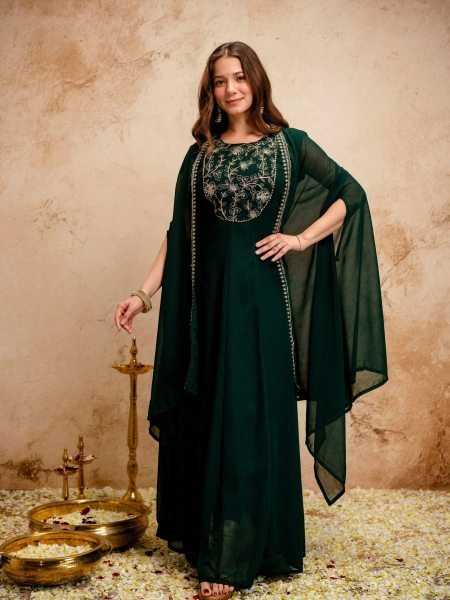 Ingenious Green Elegant Sleeveless Anarkali Dress with Cape for Special Occasions Kurtis