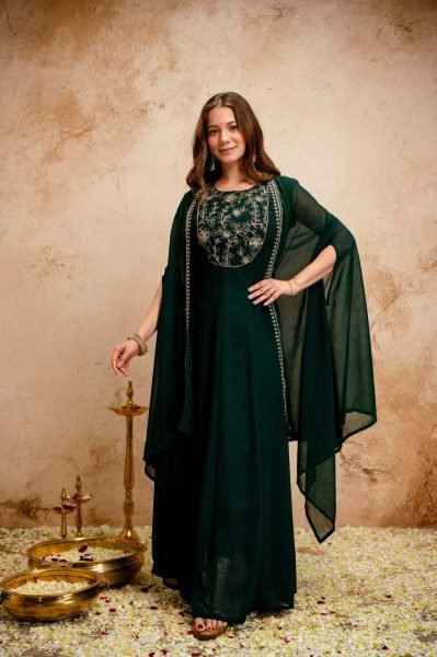 Ingenious Green Elegant Sleeveless Anarkali Dress with Cape for Special Occasions Anarkali Kurtis 