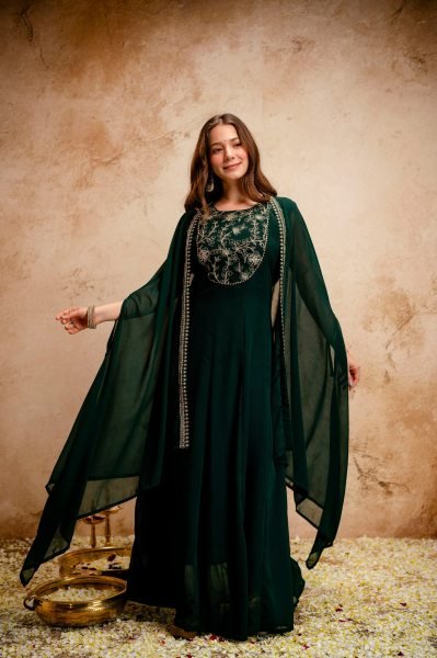 Ingenious Green Elegant Sleeveless Anarkali Dress with Cape for Special Occasions Anarkali Kurtis 