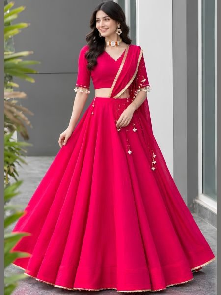 Ingenious Hot Pink Navratri Roman Silk Lehenga with Real Mirror Blouse at Wholesale Rate  Lehenga
