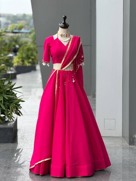 Ingenious Hot Pink Navratri Roman Silk Lehenga with Real Mirror Blouse at Wholesale Rate Navratri Lehnega Choli