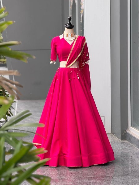 Ingenious Hot Pink Navratri Roman Silk Lehenga with Real Mirror Blouse at Wholesale Rate Navratri Lehnega Choli