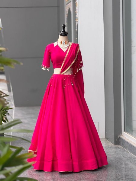 Ingenious Hot Pink Navratri Roman Silk Lehenga with Real Mirror Blouse at Wholesale Rate Navratri Lehnega Choli